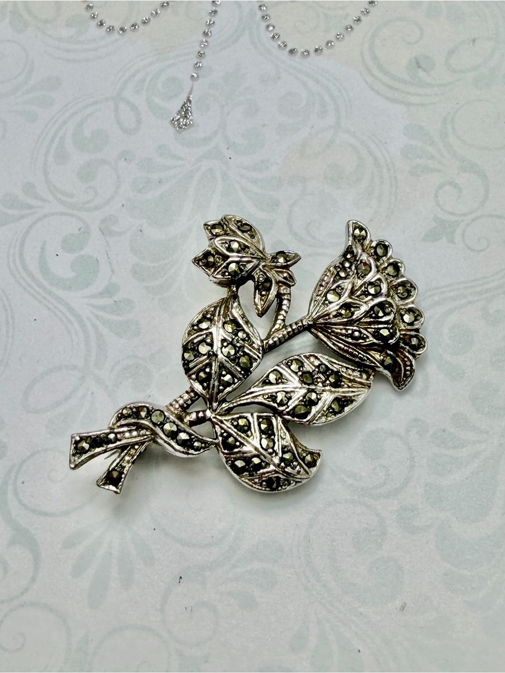 Vintage Silver Floral Leaf Brooch Marcasite #cz588
